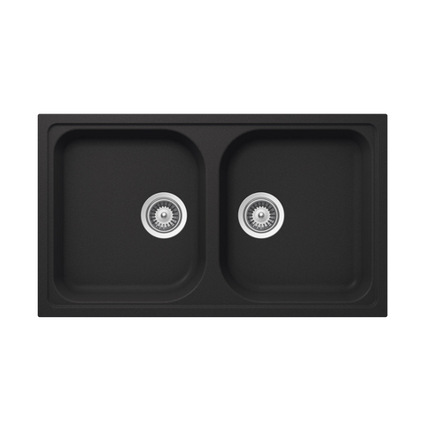 Quartz Double Bowl Sink Features: Double bowlPush/pull plug waste connectionsTop and under mount installationImpact, stain and heat resistant Material: 80% Quartz15% Acrylic Finish: Black OnyxWhite Alpina Dimensions (L x W x D): 860 x 500 x 205mm Bowl siz