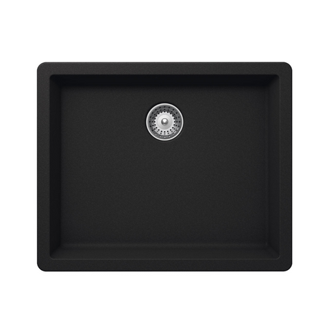 Quartz Laundry Sink Features: Single Laundry bowlPush/pull plug waste connectionsTop and under mount installationImpact, stain and heat resistant Material: 80% Quartz15% Acrylic Finish: Black OnyxWhite Alpina Dimensions (L x W x D): 550 x 430 x 200mm Bowl