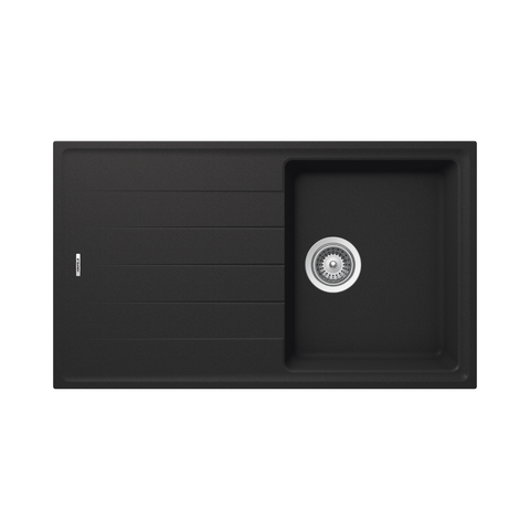 Quartz Single Bowl Sink with Drainer Features: Single Bowl with drainerPush/pull plug waste connectionsTop and under mount installationImpact, stain and heat resistant Material: 80% Quartz15% Acrylic Finish: Black OnyxWhite Alpina Dimensions (L x W x D):