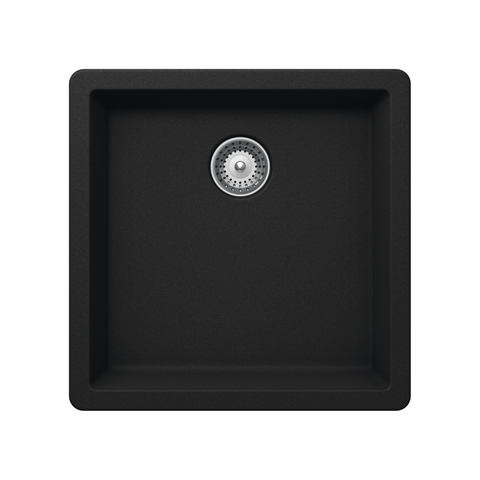 Quartz Single Bowl Sink Features: Single bowlPush/pull plug waste connectionsTop and under mount installationImpact, stain and heat resistant Material: 80% Quartz15% Acrylic Finish: Black OnyxWhite Alpina Dimensions (L x W x D): 450 x 430 x 200mm Bowl siz