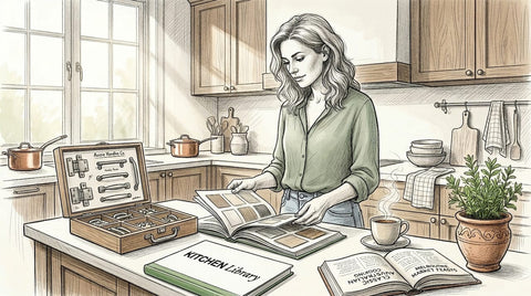 Woman reviewing kitchen component options at home
