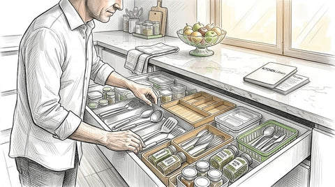 Homeowner examines organized kitchen drawer alternatives