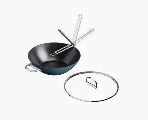 Space Folding Handle Ceramic Non-stick 32cm Blue Wok & Lid