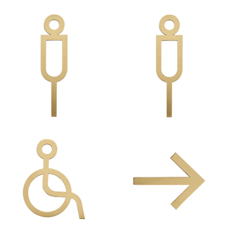 Elegant gold solid brass bathroom and accessibility door sign with universal male and female restroom symbols, high-quality polished finish, ADA-compliant and easy to mount.