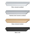 Studio Furniture Handle | 4 Finishes Material: Aluminium Finish: Silver coloured, anodisedStainless steel coloured, anodisedBrass coloured, brushedBlack, matt Hole Centres: 64 mm128 mm256 mm Dimensions: 100 x 44 mm200 x 44 mm350 x 44 mm Note: Please order