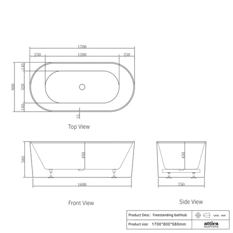 NOOSA Freestanding 1700/1500mm Non-Overflow Bathtub