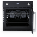Hafele 60cm 5 Function Side Opening Oven Features: 67 Litre gross cavity63 Litre net cavityTouch control programmable timerTriple glazed cool touch doorSide wire racks: 5 levelsEasy grip knobsInterior lightA set of telescopic runnersLeft hand door hinging