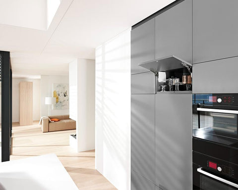 Blum AVENTOS Overhead Stay HK-S Lift Mechanism Set with TIP-ON in White. Power Factor: 960 - 2215. Cabinet height to maximum of 600mm *20K2E00.06*