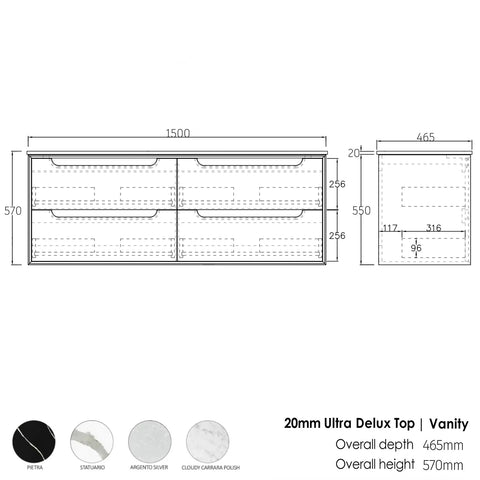 Vanity BYRON Wall Hung 1500mm Natural Oak