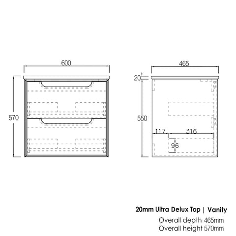 Vanity BYRON Wall Hung 600mm Natural Oak