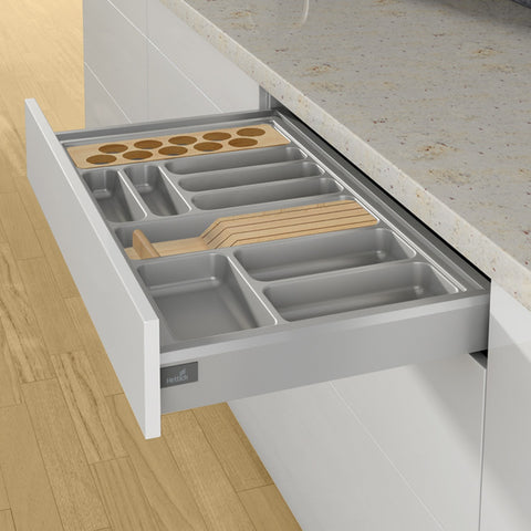 Hettich OrgaTray 440 white plastic cutlery insert for kitchen drawers, adjustable tray for organized utensil storage.