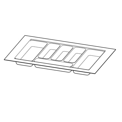 Hettich OrgaTray 440 white plastic cutlery insert for kitchen drawers, adjustable tray for organized utensil storage. OrgaTray 440 kitchen drawer organizer for cabinet widths 601–700 mm