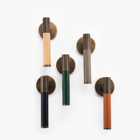 Kara Solid Brass & Leather Door Lever | Bronze & Green