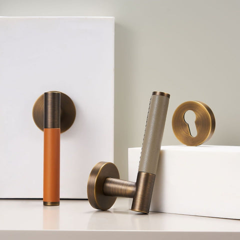 Kara Solid Brass & Leather Door Lever | Bronze & Grey