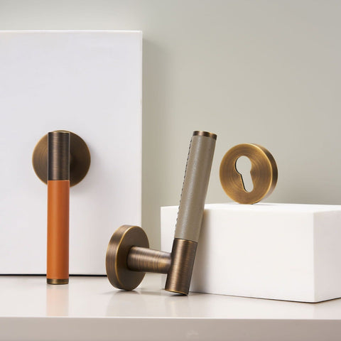 Kara Solid Brass & Leather Door Lever | Bronze & Orange