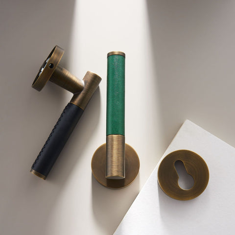 Kara Solid Brass & Leather Door Lever | Bronze & Green