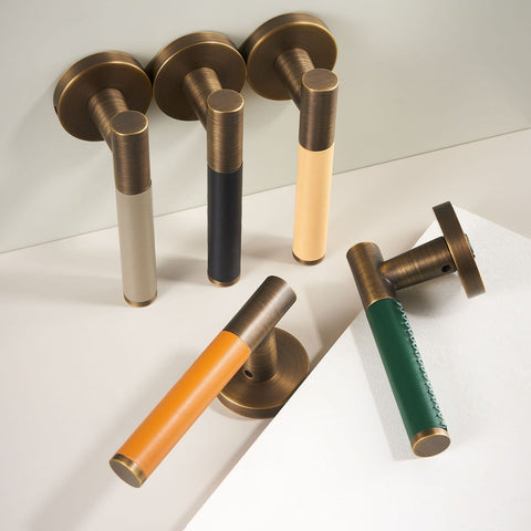 Kara Solid Brass & Leather Door Lever | Bronze & Orange