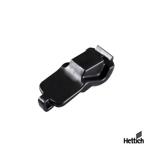 A black plastic Hettich aid or installation part, shown from an angled perspective on a clean white background with the Hettich brand logo in the bottom right corner.
