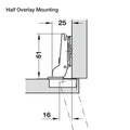 Hafele 110º Series 200 Hinges Version: For door thickness up to 26 mm Material: Steel Finish: Nickel-plated Min. Drilling depth: 11 mm Adjusting facility: Lateral adjustment from -1.5 to +4.5 mmHeight adjustment from -2 to +2 mm Fixing door to carcase: Sl