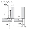 Hafele 94º Mini Series 400 Hinges Version: For narrow frames Material: Steel (cup)Zinc-alloy (hinge arm) Finish: Nickel-plated Min. Drilling depth: 11.5 mm Adjusting facility: Lateral adjustment from -1.5 to +5.5 mmHeight adjustment from -2 to +2 mm Fixin