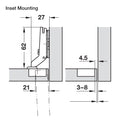 Hafele 94º Mini Series 400 Hinges Version: For narrow frames Material: Steel (cup)Zinc-alloy (hinge arm) Finish: Nickel-plated Min. Drilling depth: 11.5 mm Adjusting facility: Lateral adjustment from -1.5 to +5.5 mmHeight adjustment from -2 to +2 mm Fixin