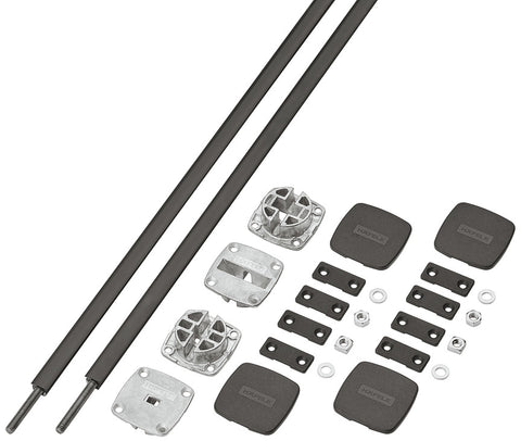 Discreet reinforcement kit for tall cabinet doors, designed to prevent warping or bowing over time. Suitable for vertical or horizontal installation on hinged or sliding wooden doors 16 mm thick or more. Includes steel threaded rod, zinc alloy tensioner, and plastic trim components in black or white. Recess-mounted for seamless integration, with easy tension adjustment via hex nut.