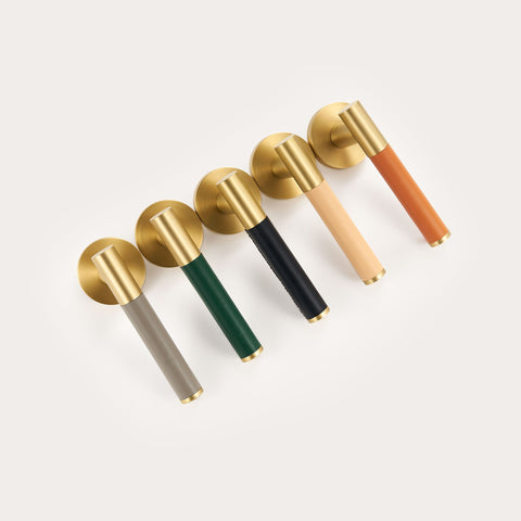 Kara Solid Brass & Leather Door Lever | Gold & Orange