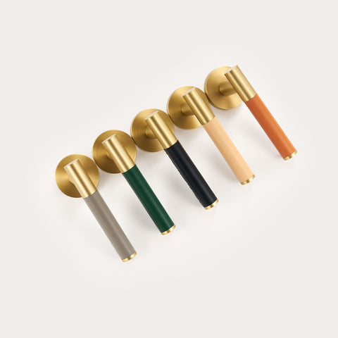 Kara Solid Brass & Leather Door Lever | Gold & Green