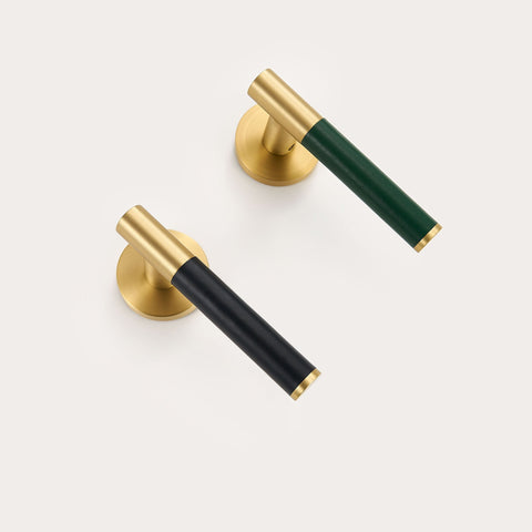 Kara Solid Brass & Leather Door Lever | Gold & Black