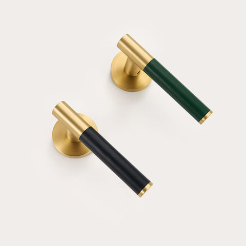 Kara Solid Brass & Leather Door Lever | Gold & Green