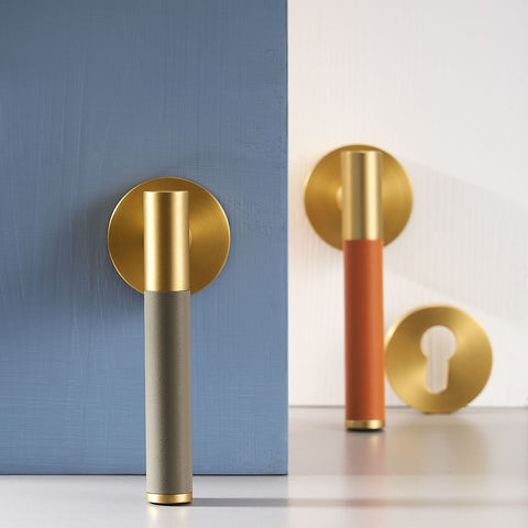 Kara Solid Brass & Leather Door Lever | Gold & Orange