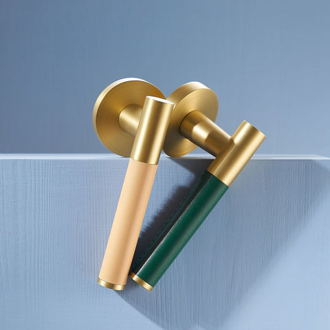 Kara Solid Brass & Leather Door Lever | Gold & Green