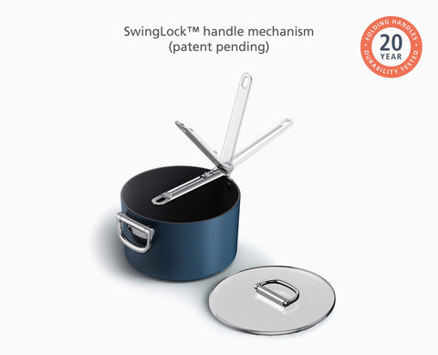 Space Folding Handle Ceramic Non-stick 23cm Blue Saucepan & Lid