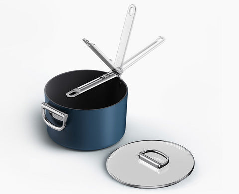 Space Folding Handle Ceramic Non-stick 23cm Blue Saucepan & Lid