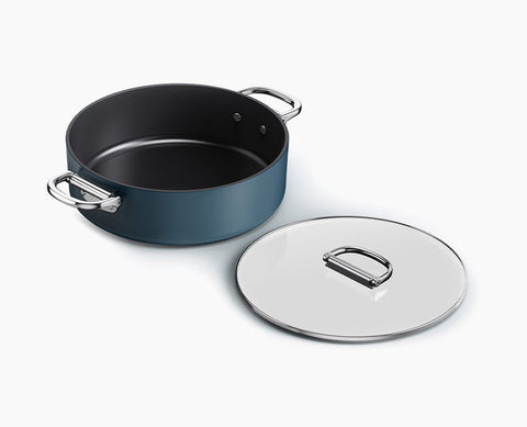 Space Folding Handle Ceramic Non-stick 28cm Blue Shallow Casserole Pan & Lid