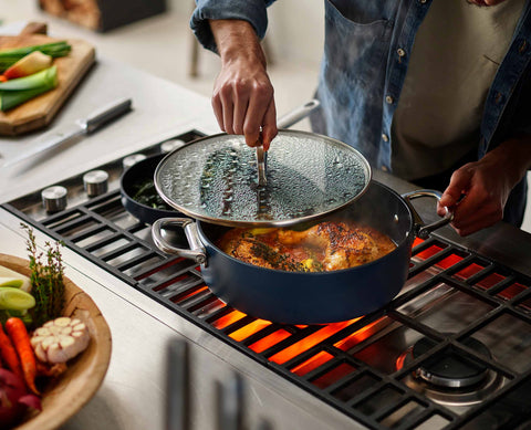 Space Folding Handle Ceramic Non-stick 28cm Blue Shallow Casserole Pan & Lid