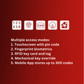 Genesis DL8800, Keyless Digital Entrance Smart Lock 5 in 1. Features: Easy User Guide Videos Multiple access modes: 1. Touchscreen with pin code 2. RFID key card and tag 3. Fingerprint biometrics 4. Mobile App stores up to 300 codes: - 9 x administrator I
