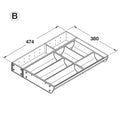 Stainless Steel Cutlery Tray - 474 mm depth Area of application: Suitable for Häfele Alto Drawers and Blum Tandembox Drawers with a depth of 500 mm Depth: 474 mm Height: 64 mm Material: Stainless steel and plastic, grey Note: Cutlery Tray configurations w