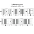 Classico 500 Cutlery Tray Area of application: Suitable for drawers with a depth of 500 mm Material: Plastic Finish: WhiteSilverAnthracite Height: 51 mm Thickness: 2.5 mm Insert depth: 520 mm To suit cabinet width: 300 mm400 mm450 mm500 mm600 mm700 mm800