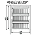 Salsa Excel Spice Insert Area of application: Suitable for drawers with depth of 500 mm Material: Plastic (vacuum formed) Finish: White textured Height: 50 mm Depth: 490 mm (can be trimmed to 440 mm) Thickness: 2.5 mm To suit cabinet width / Insert width: