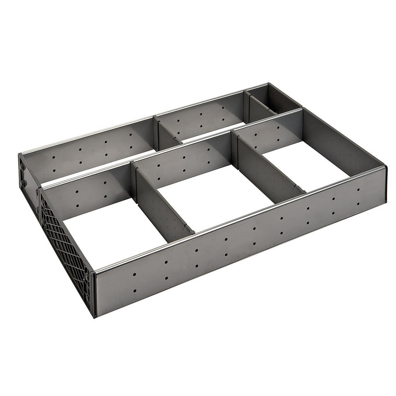 Stainless Steel Drawer Organiser for Häfele and Blum Drawer Area of application: Suitable for all Häfele Alto Drawers and Blum Drawers with a depth of 500 mm Depth: 474 Height: 64 mm Material: Stainless steel and plastic, grey Note: Drawer organiser confi
