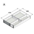 Stainless Steel Drawer Organiser for Häfele and Blum Drawer Area of application: Suitable for all Häfele Alto Drawers and Blum Drawers with a depth of 500 mm Depth: 474 Height: 64 mm Material: Stainless steel and plastic, grey Note: Drawer organiser confi