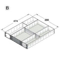 Stainless Steel Drawer Organiser for Häfele and Blum Drawer Area of application: Suitable for all Häfele Alto Drawers and Blum Drawers with a depth of 500 mm Depth: 474 Height: 64 mm Material: Stainless steel and plastic, grey Note: Drawer organiser confi