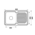 Single Bowl Sink R/H Drainer Features: Right hand drainer820 x 500 x 180 mm (L x W x D)Polished stainless steel with rolled edgeSupplied with 1 designer waste Material: Stainless steel grade 304, 18/10 Thickness: 0.8mm Mounting: Top mount only, sink clips