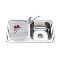 Single Bowl Sink L/H Drainer Features: Left hand drainer820 x 500 x 180 mm (L x W x D)Polished stainless steel with rolled edgeSupplied with 1 designer waste Material: Stainless steel grade 304, 18/10 Thickness: 0.8mm Mounting: Top mount only, sink clips