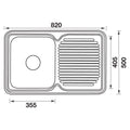 Single Bowl Sink L/H Drainer Features: Left hand drainer820 x 500 x 180 mm (L x W x D)Polished stainless steel with rolled edgeSupplied with 1 designer waste Material: Stainless steel grade 304, 18/10 Thickness: 0.8mm Mounting: Top mount only, sink clips