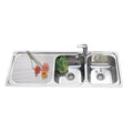 Double Bowl Sink L/H Drainer Features: Left hand drainer1200 x 500 x 180 mm (L x W x D)Polished stainless steel with rolled edgeSupplied with 2 designer wastes Material: Stainless steel grade 304, 18/10 Thickness: 0.8mm Mounting: Top mount only, sink clip