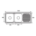 Double Bowl Sink L/H Drainer Features: Left hand drainer1200 x 500 x 180 mm (L x W x D)Polished stainless steel with rolled edgeSupplied with 2 designer wastes Material: Stainless steel grade 304, 18/10 Thickness: 0.8mm Mounting: Top mount only, sink clip