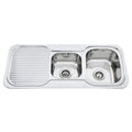 1 & 3/4 Bowl Sink L/H Drainer Features: Left hand drainer1080 x 480 x 170 mm (L x W x D)Polished stainless steel with rolled edgeSupplied with 2 designer wastes Material: Stainless steel grade 304, 18/10 Thickness: 0.8mm Mounting: Top mount only, sink cli