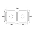 Undermount Double Bowl Sink Features: 780 x 445 x 200 mm (L x W x D)Polished stainless steelSupplied with 2 designer wastes Material: Stainless steel grade 304, 18/10 Thickness: 0.8mm Mounting: Undermount only, sink clips included Note: There is no hole f